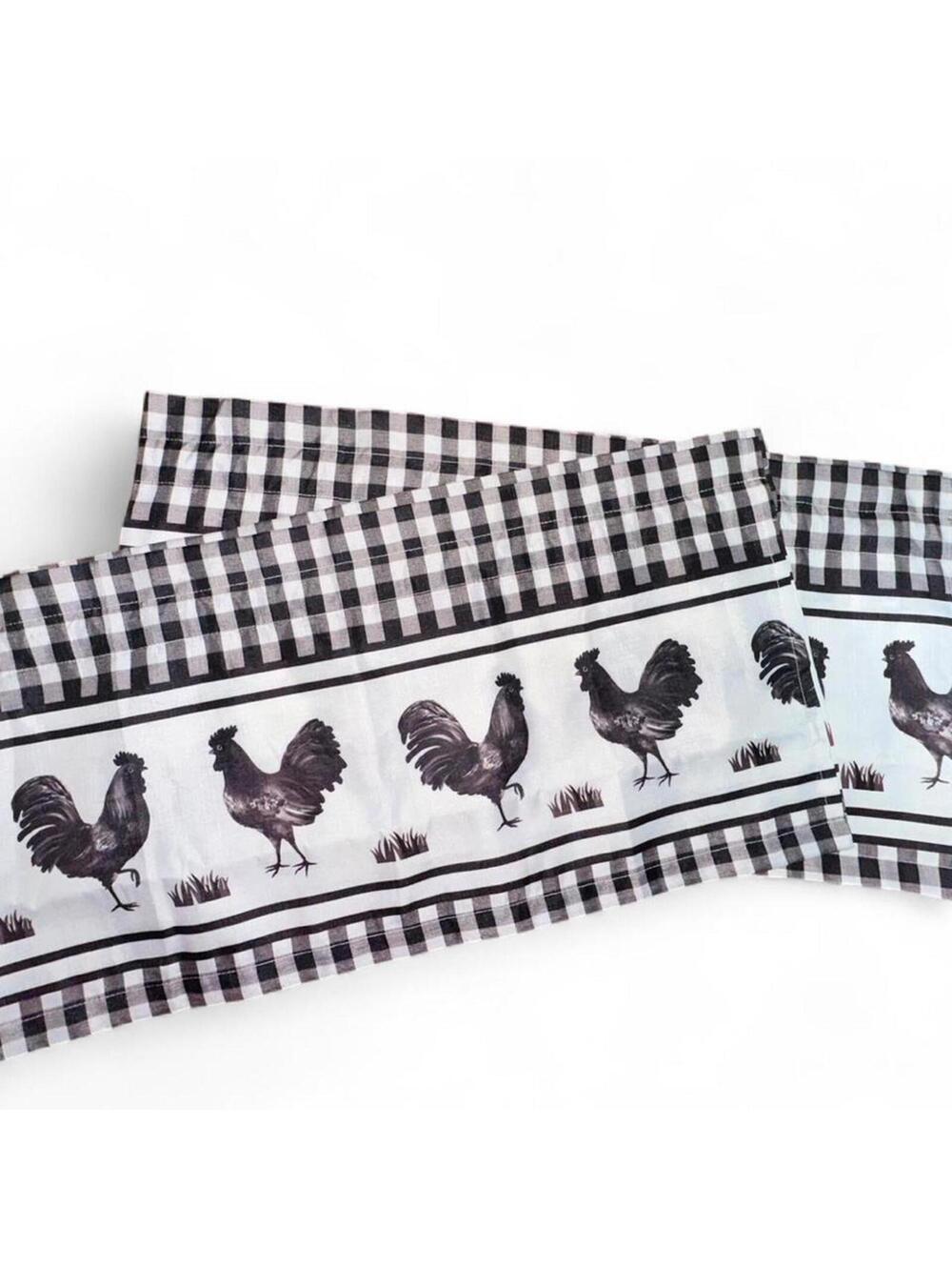 Farmhouse Chicken Print Valance Set Black White Gingham Rooster Curtains 64”